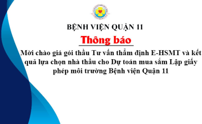 Thông báo mời chào giá gói thầu Tư vấn thẩm định E-HSMT và kết quả lựa chọn nhà thầu cho Dự toán mua sắm Lập giấy phép môi trường Bệnh viện Quận 11